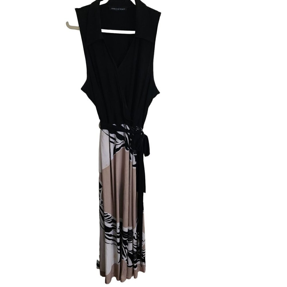 Adressing Woman Black Tan Faux Wrap Sleeveless Belted Maxi Dress Size 2X